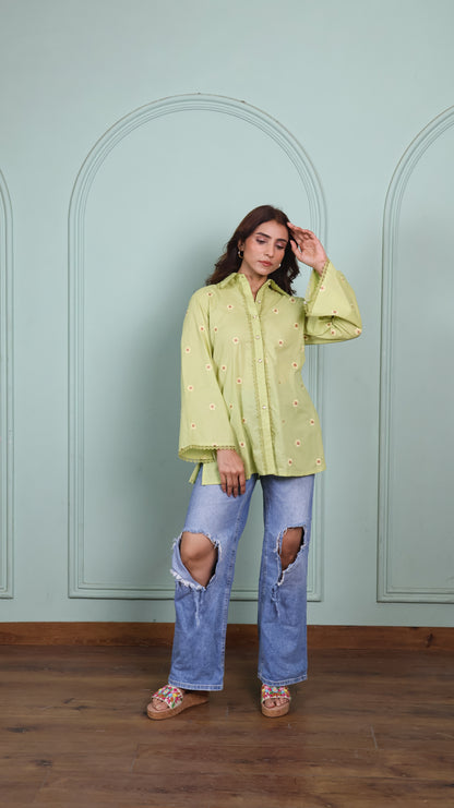 Green Lace shirt with embroidered flowers