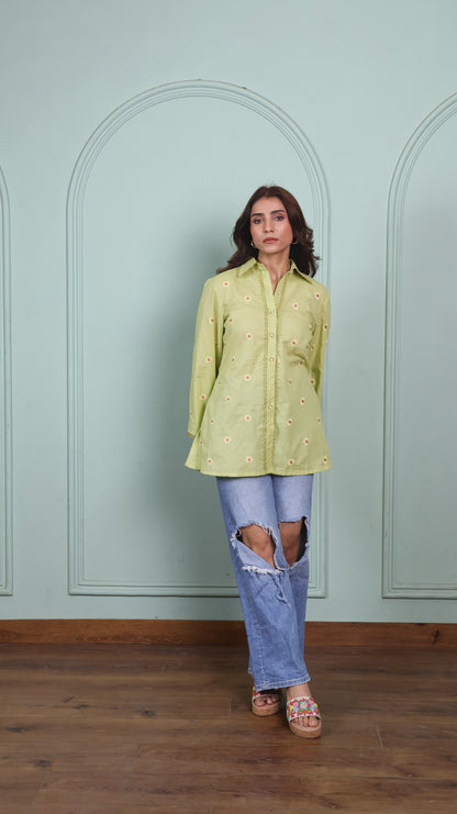 Green Lace shirt with embroidered flowers