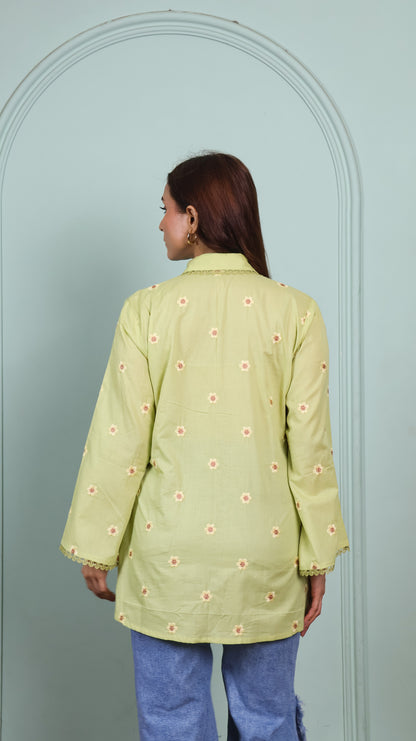 Green Lace shirt with embroidered flowers