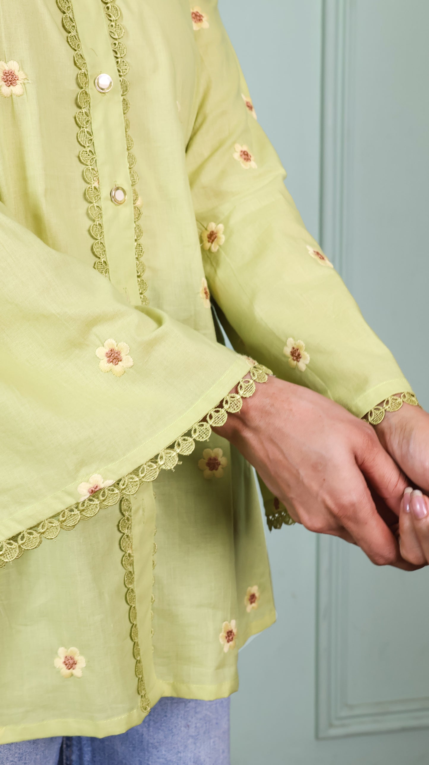Green Lace shirt with embroidered flowers