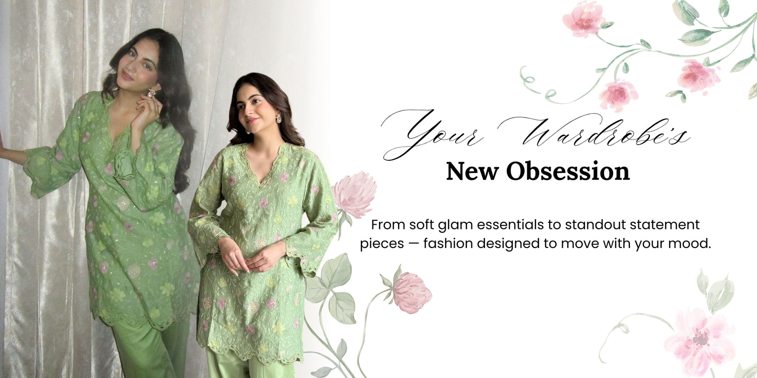 Two women wearing green floral outfits with decorative text and flowers on a white background.