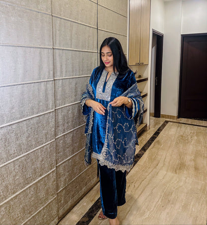 Blue Velvet Suit with Tissue Dupatta