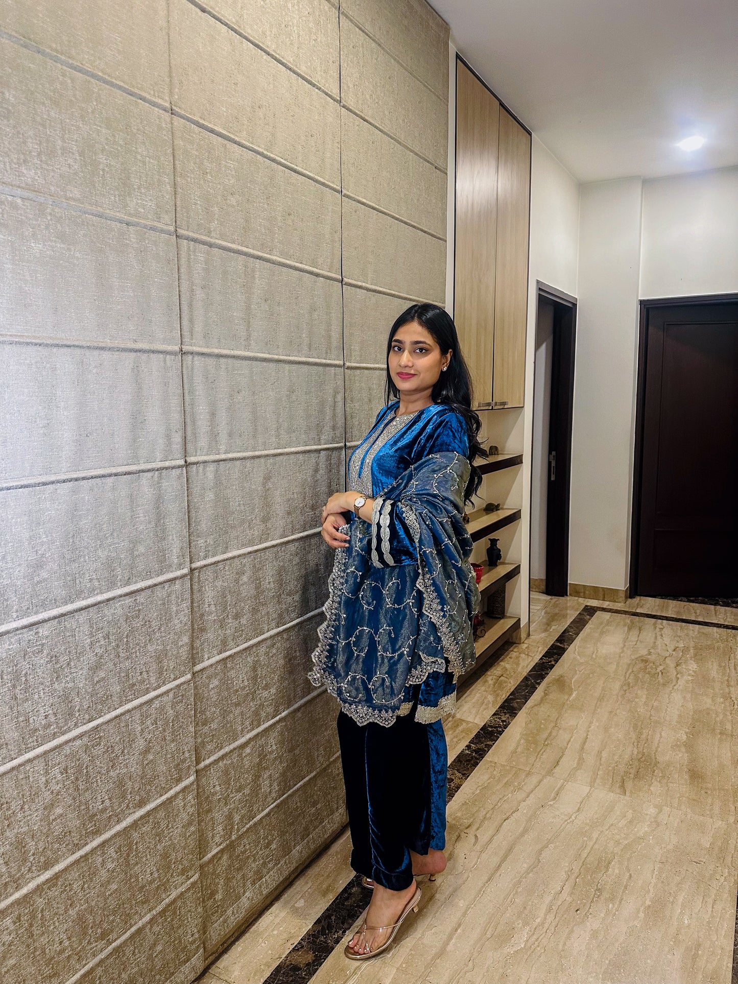 Blue Velvet Suit with Tissue Dupatta