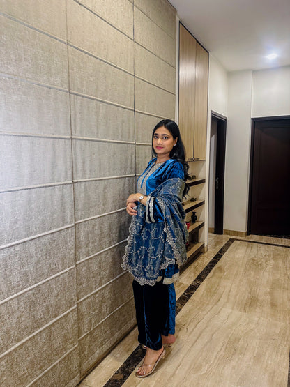 Blue Velvet Suit with Tissue Dupatta