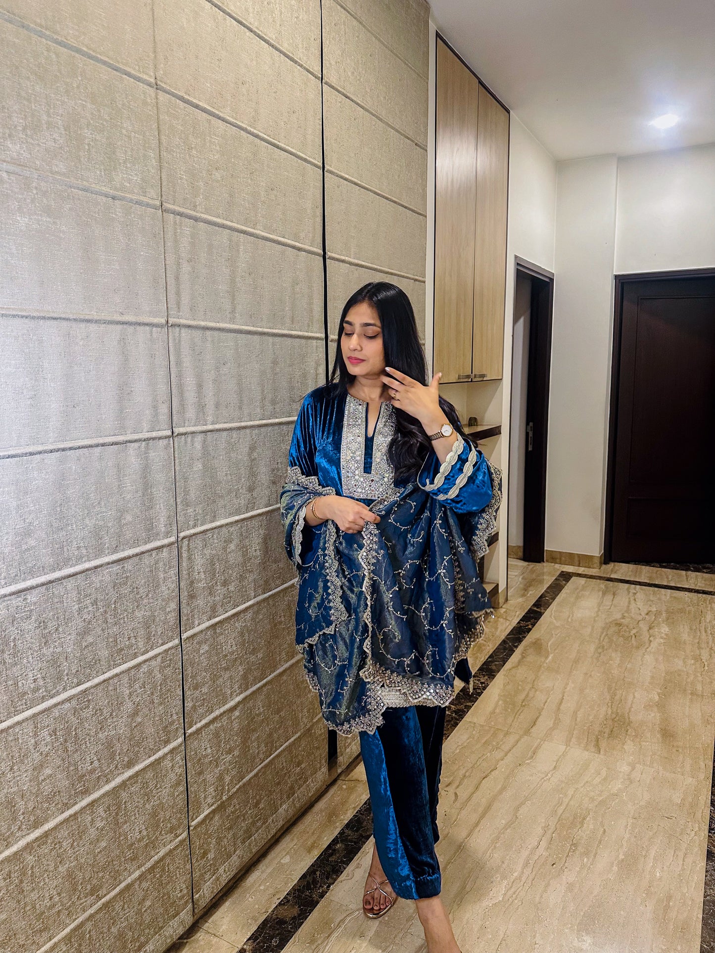Blue Velvet Suit with Tissue Dupatta
