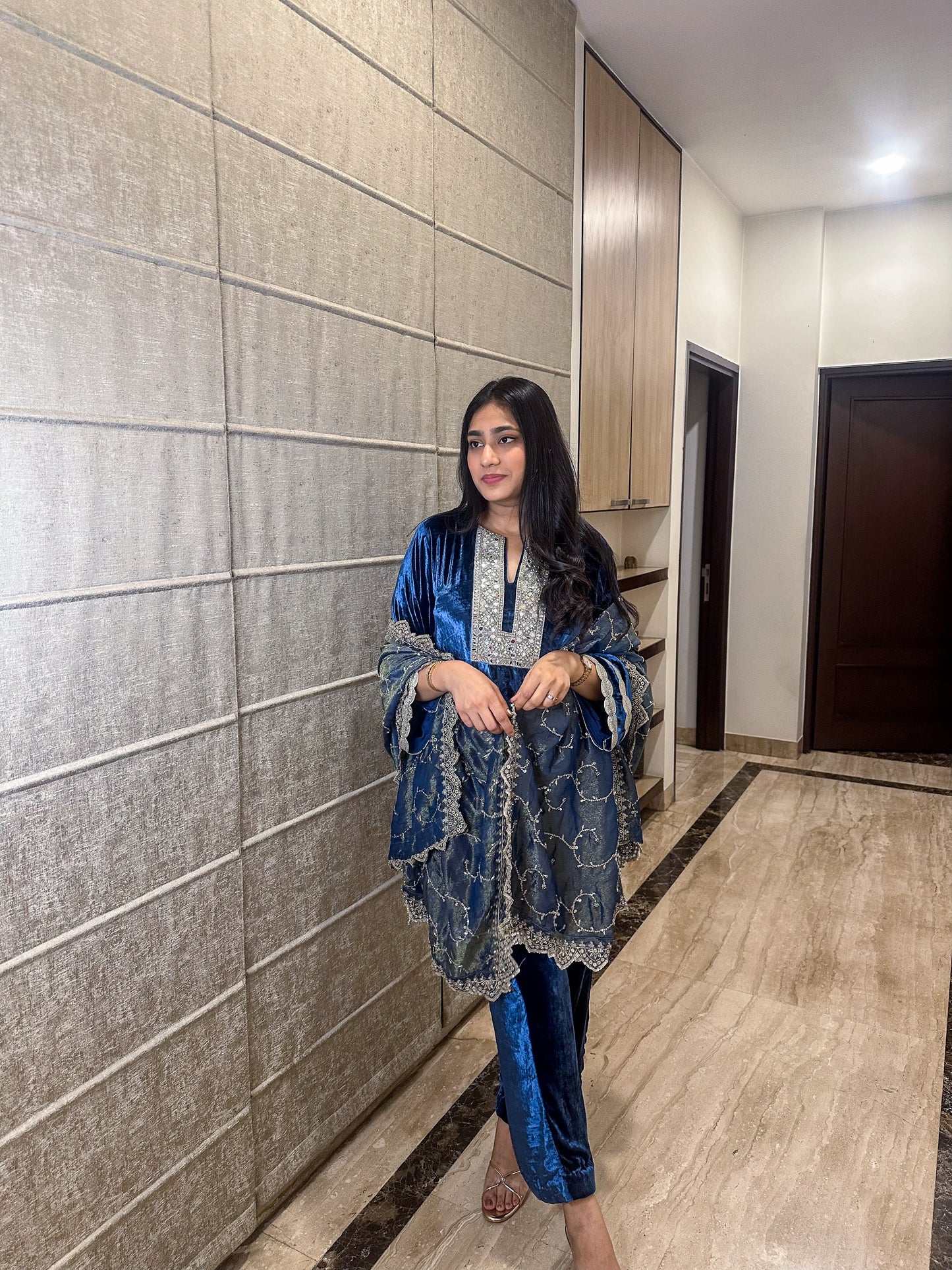 Blue Velvet Suit with Tissue Dupatta