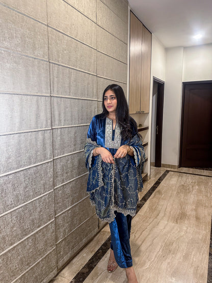 Blue Velvet Suit with Tissue Dupatta
