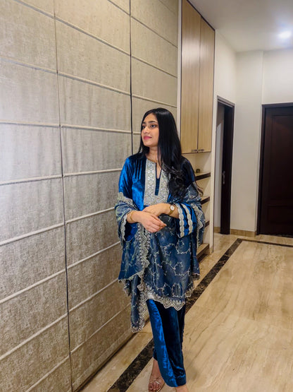 Blue Velvet Suit with Tissue Dupatta
