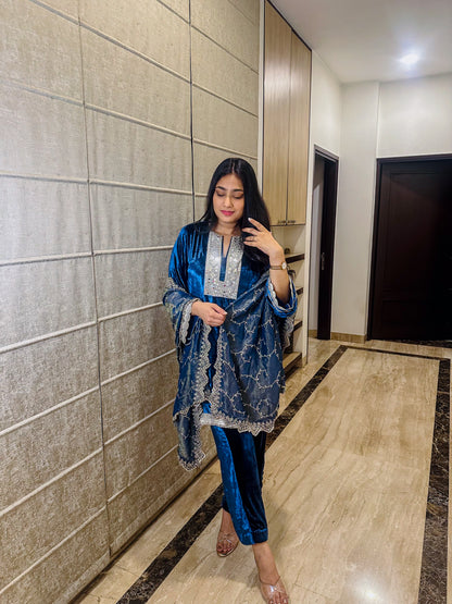 Blue Velvet Suit with Tissue Dupatta