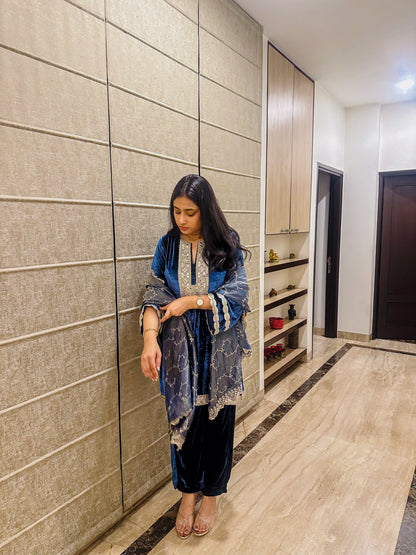Blue Velvet Suit with Tissue Dupatta
