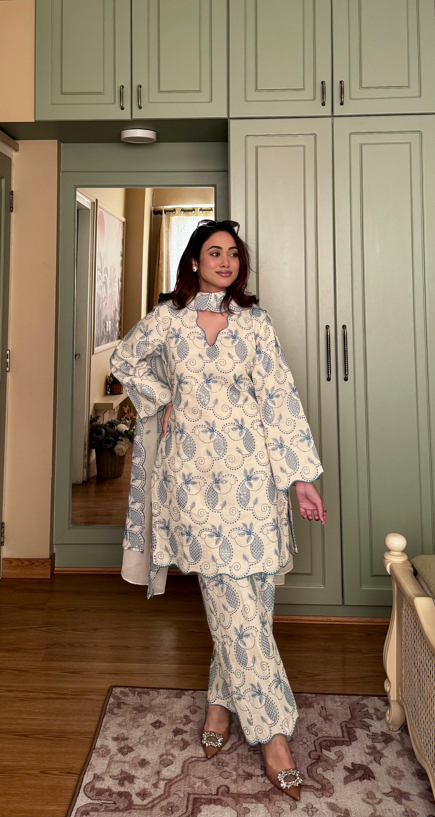 Off whitish bluish Set With Dupatta 🤍💙 - Beige / S / Cotton - Allure Armoire