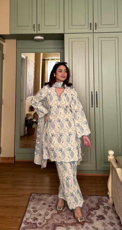 Off whitish bluish Set With Dupatta 🤍💙