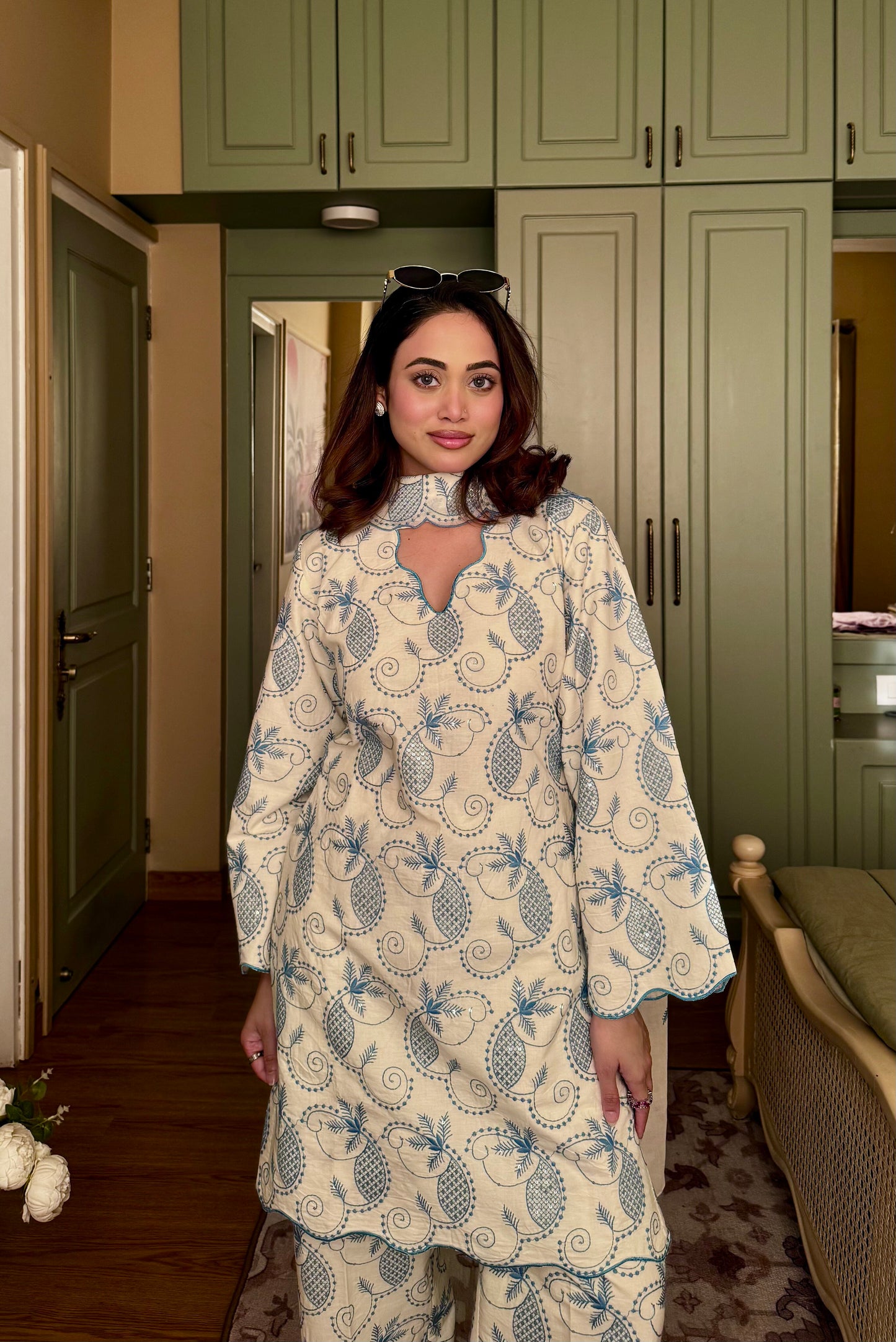 Off whitish bluish Set With Dupatta 🤍💙 - Beige / S / Cotton - Allure Armoire