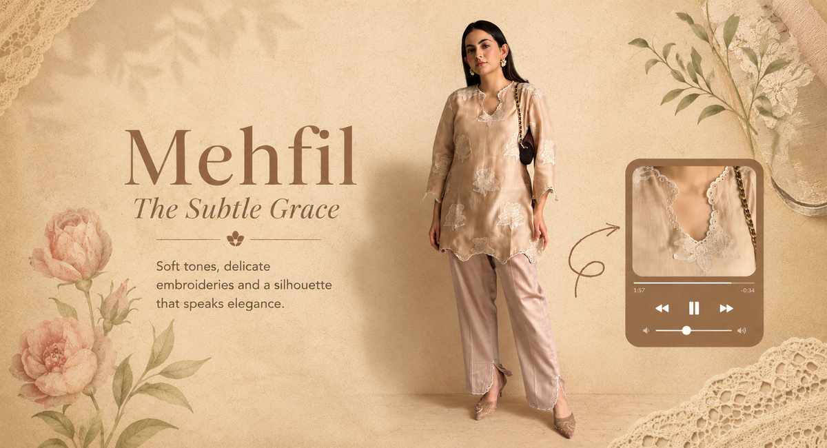 Mehfil – women's beige embroidered kurta set with delicate embroidery – Allure Armoire new arrivals