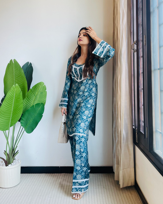 Blue Green printed Muslin Coordset