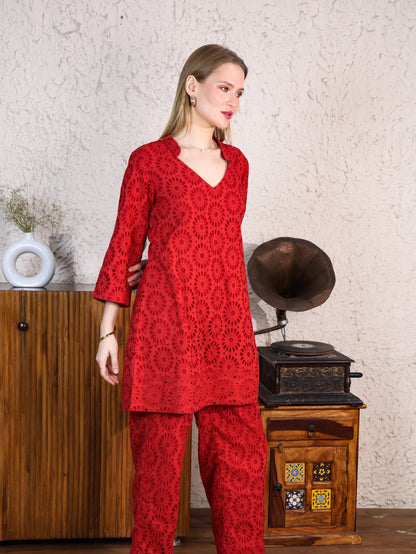 Red Cotton Rooster A-line Top & Pants Coordset
