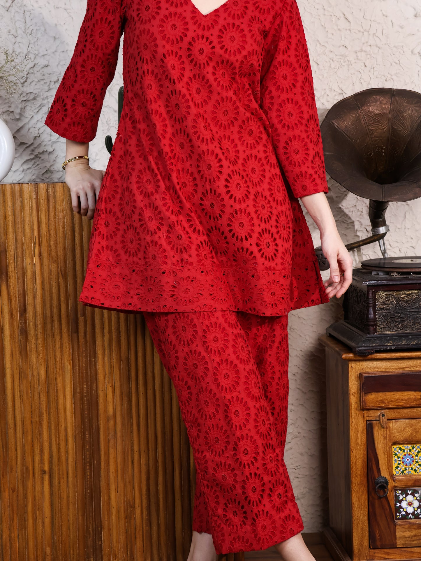 Red Cotton Rooster A-line Top & Pants Coordset