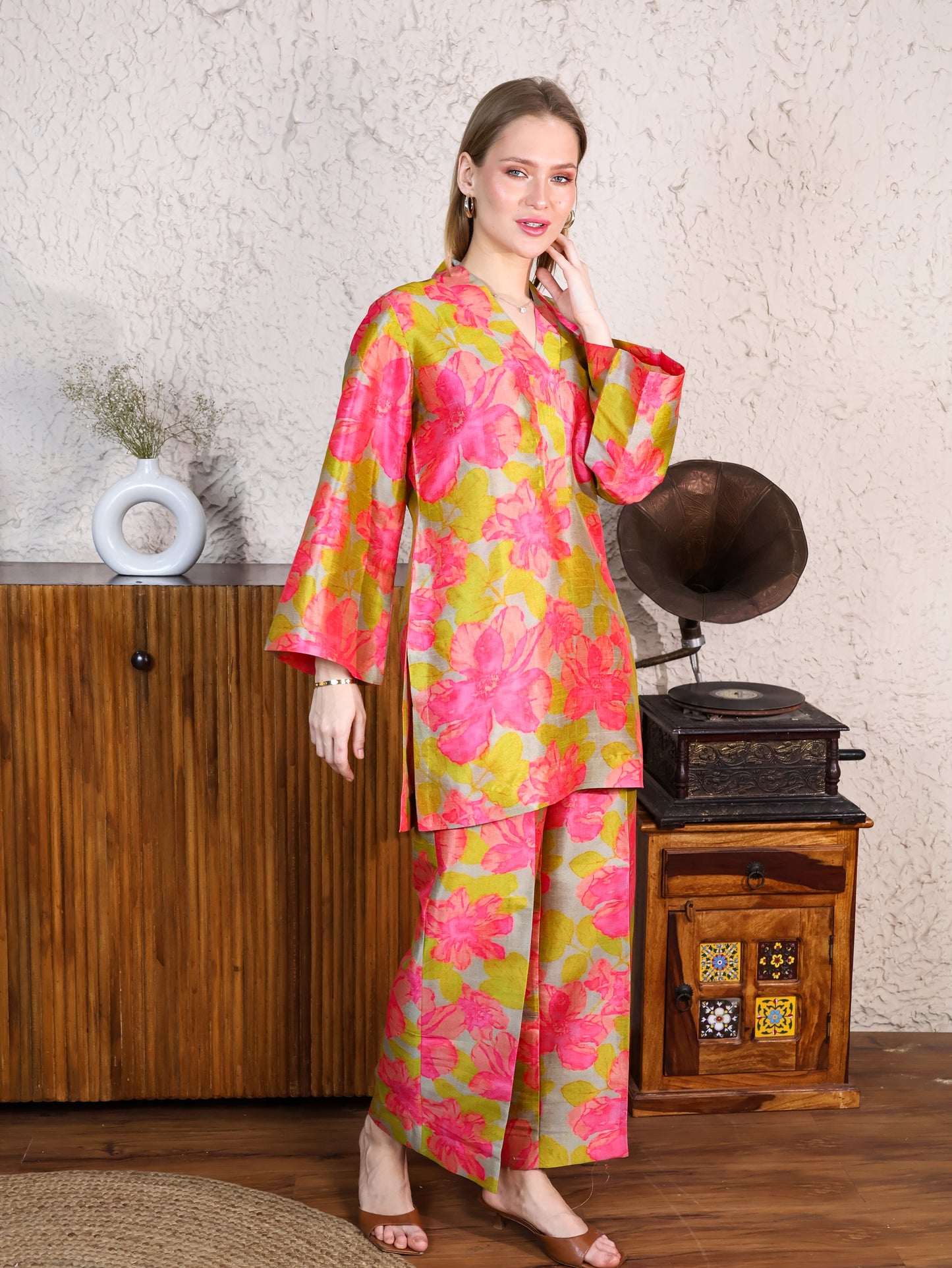 Printed green with pink flowers poly silk coord set