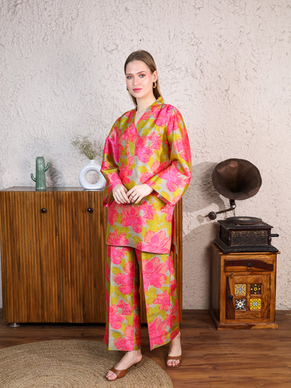 Printed green with pink flowers poly silk coord set