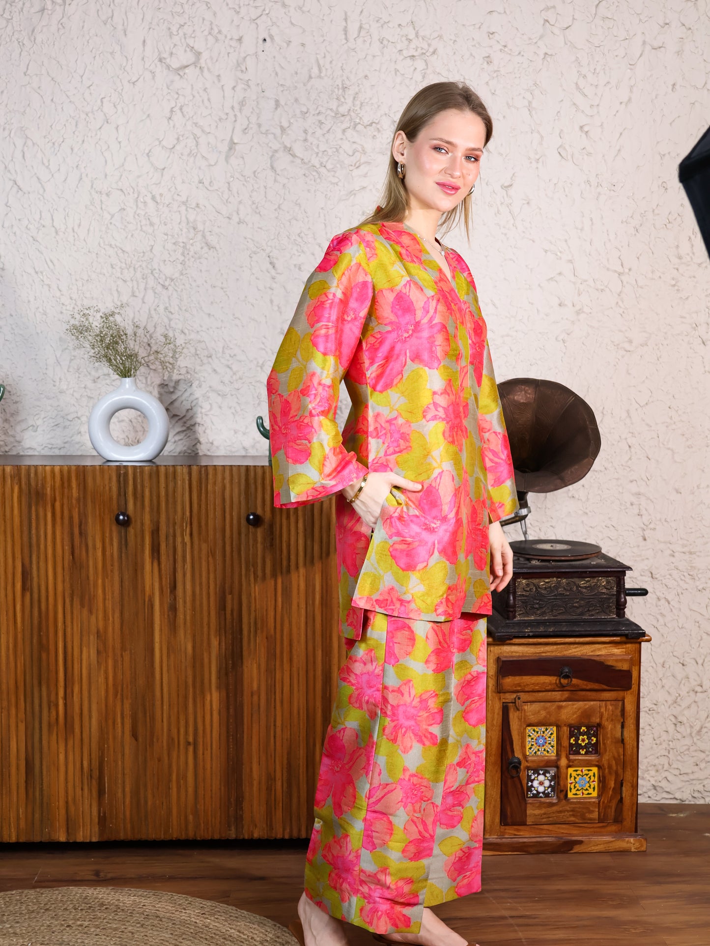 Printed green with pink flowers poly silk coord set