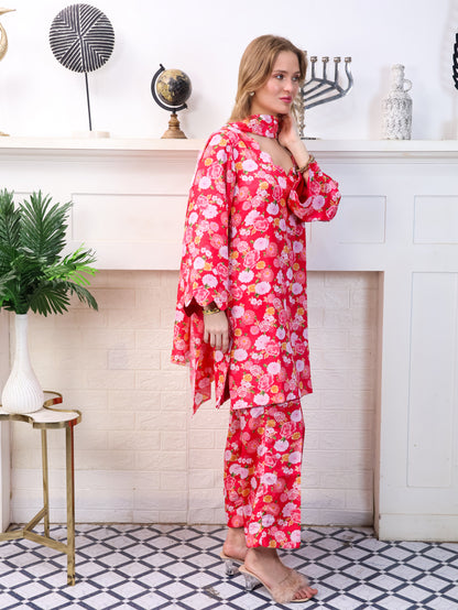 Pink Floral Chinon-Chiffon Suit Set