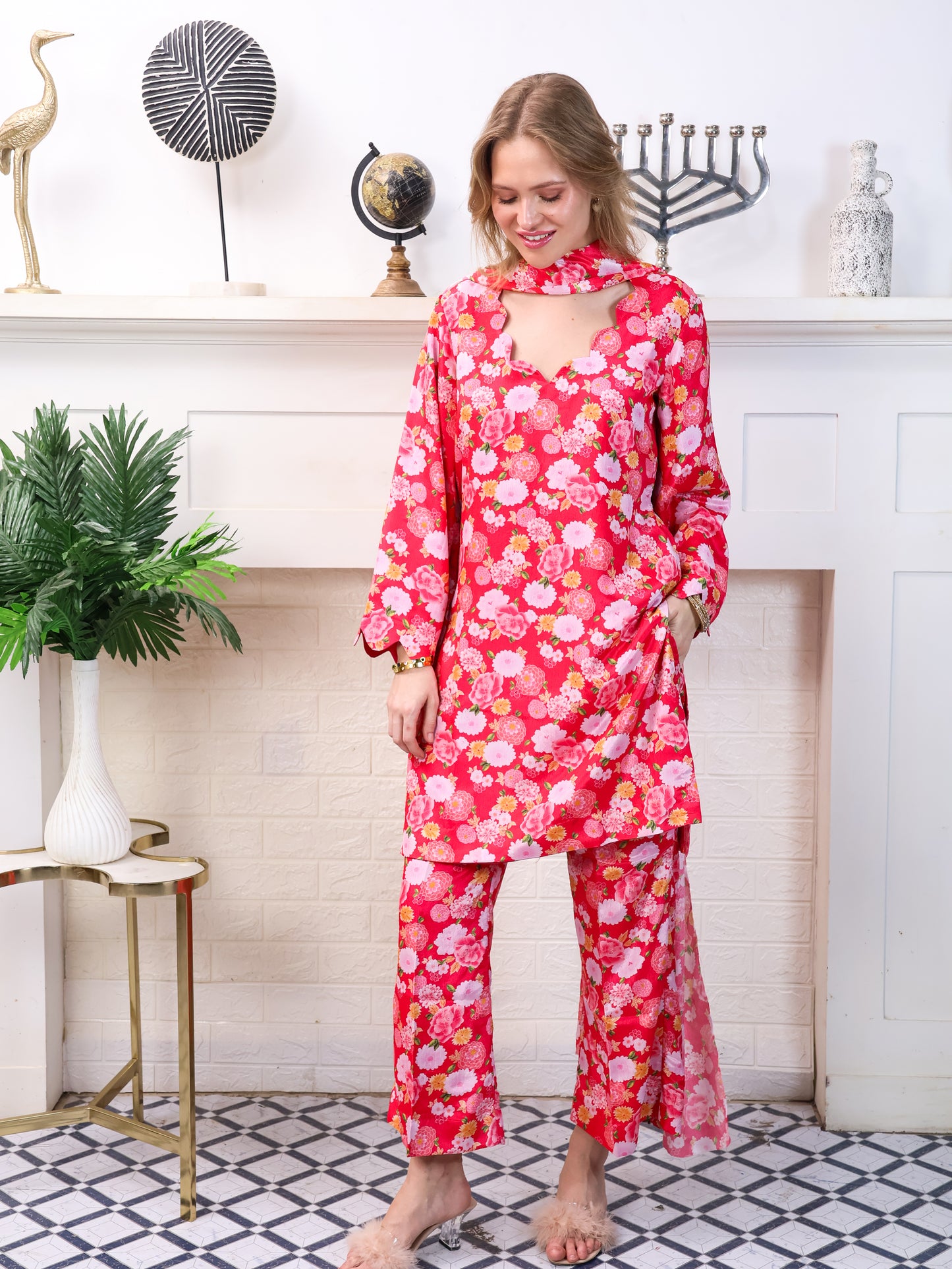 Pink Floral Chinon-Chiffon Suit Set