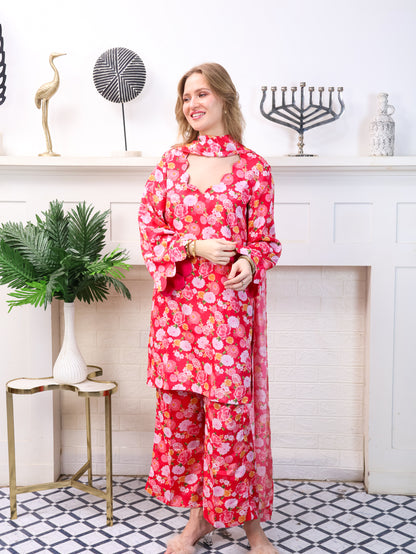 Pink Floral Chinon-Chiffon Suit Set