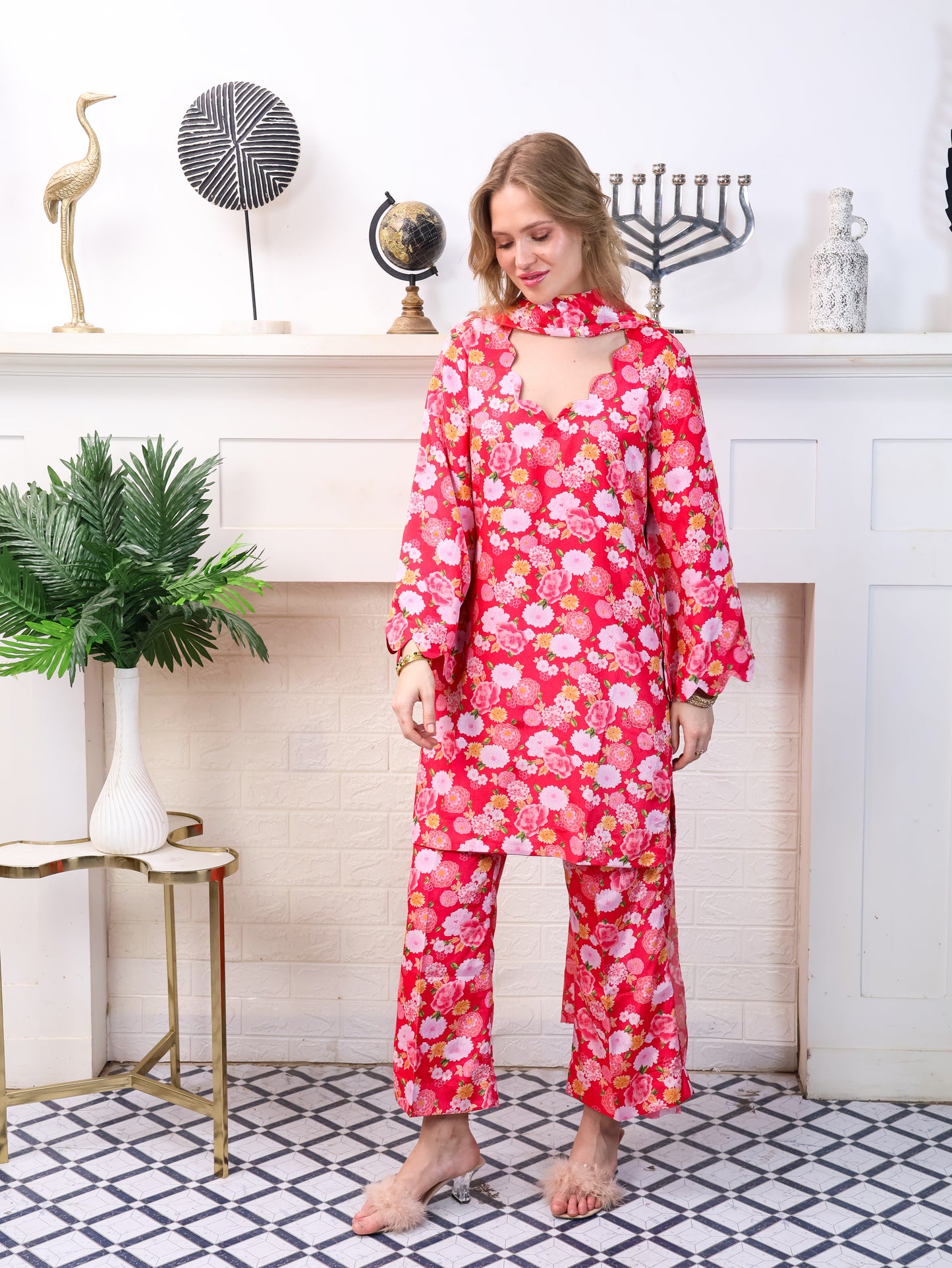 Pink Floral Chinon-Chiffon Suit Set