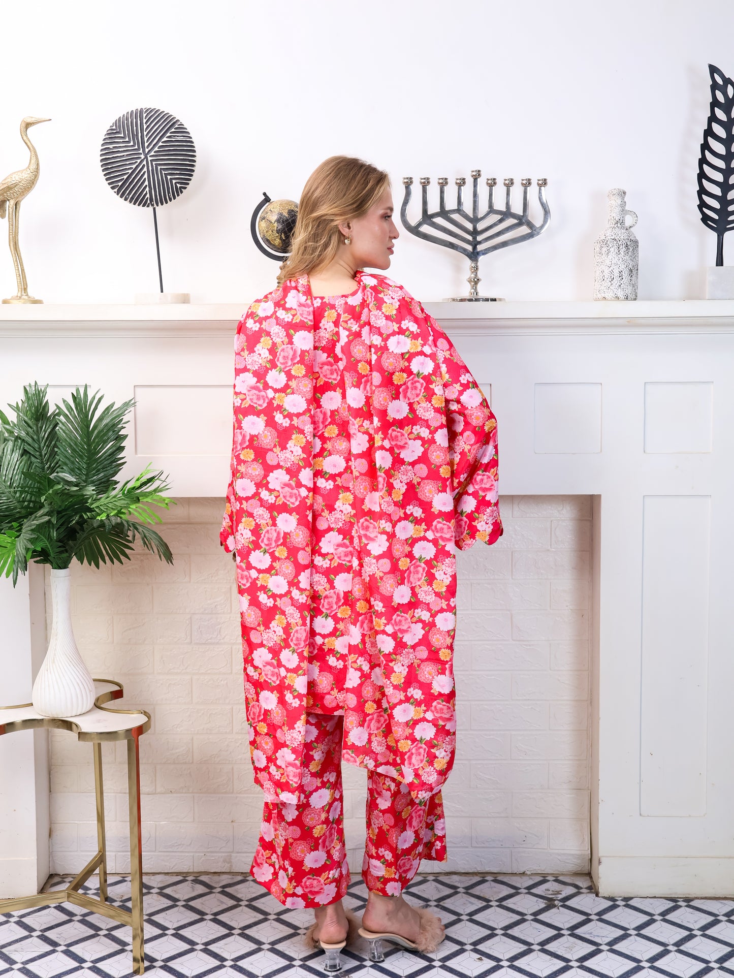 Pink Floral Chinon-Chiffon Suit Set
