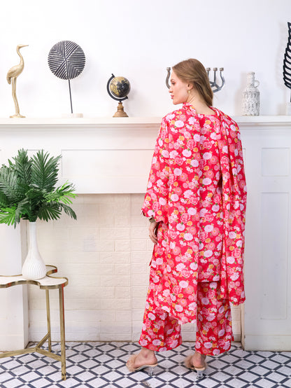 Pink Floral Chinon-Chiffon Suit Set