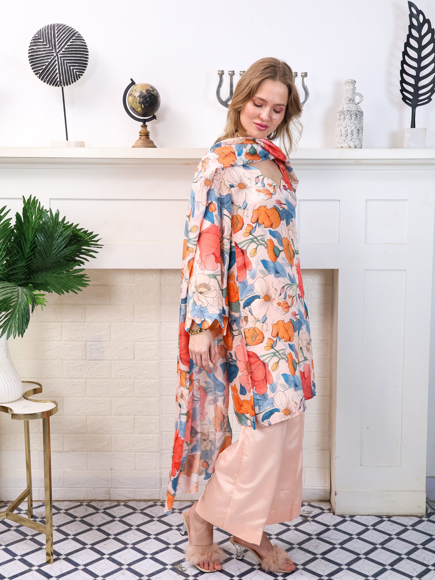 Peach Floral Chinon-Chiffon Suit Set