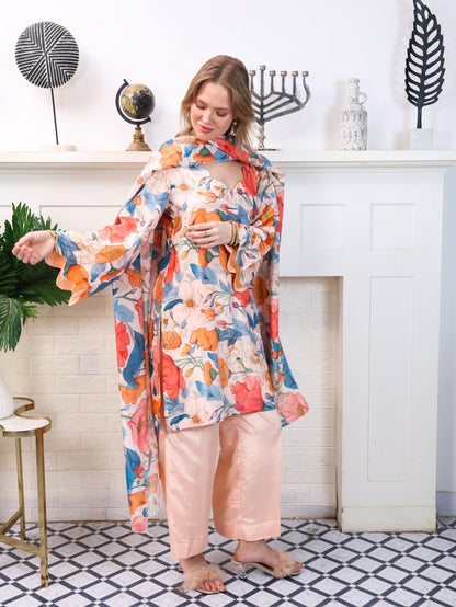 Peach Floral Chinon-Chiffon Suit Set