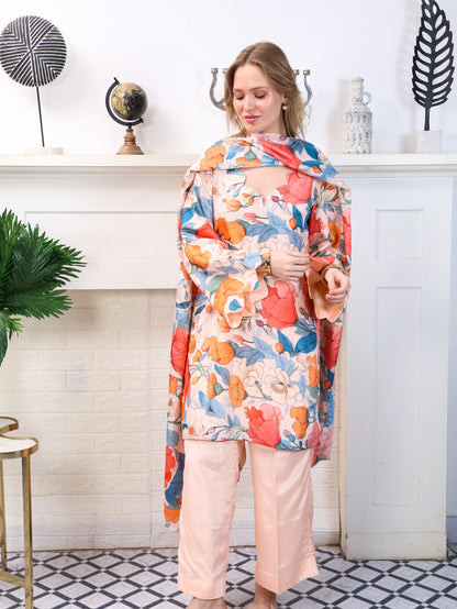 Peach Floral Chinon-Chiffon Suit Set
