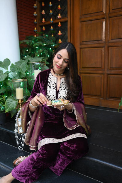 Wine Velvet Suit with Tissue Dupatta