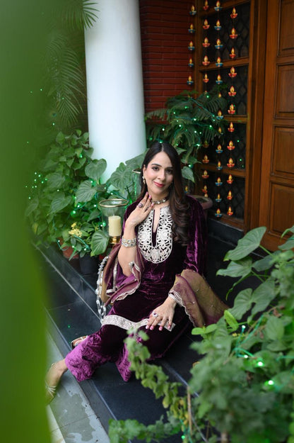Wine Velvet Suit with Tissue Dupatta