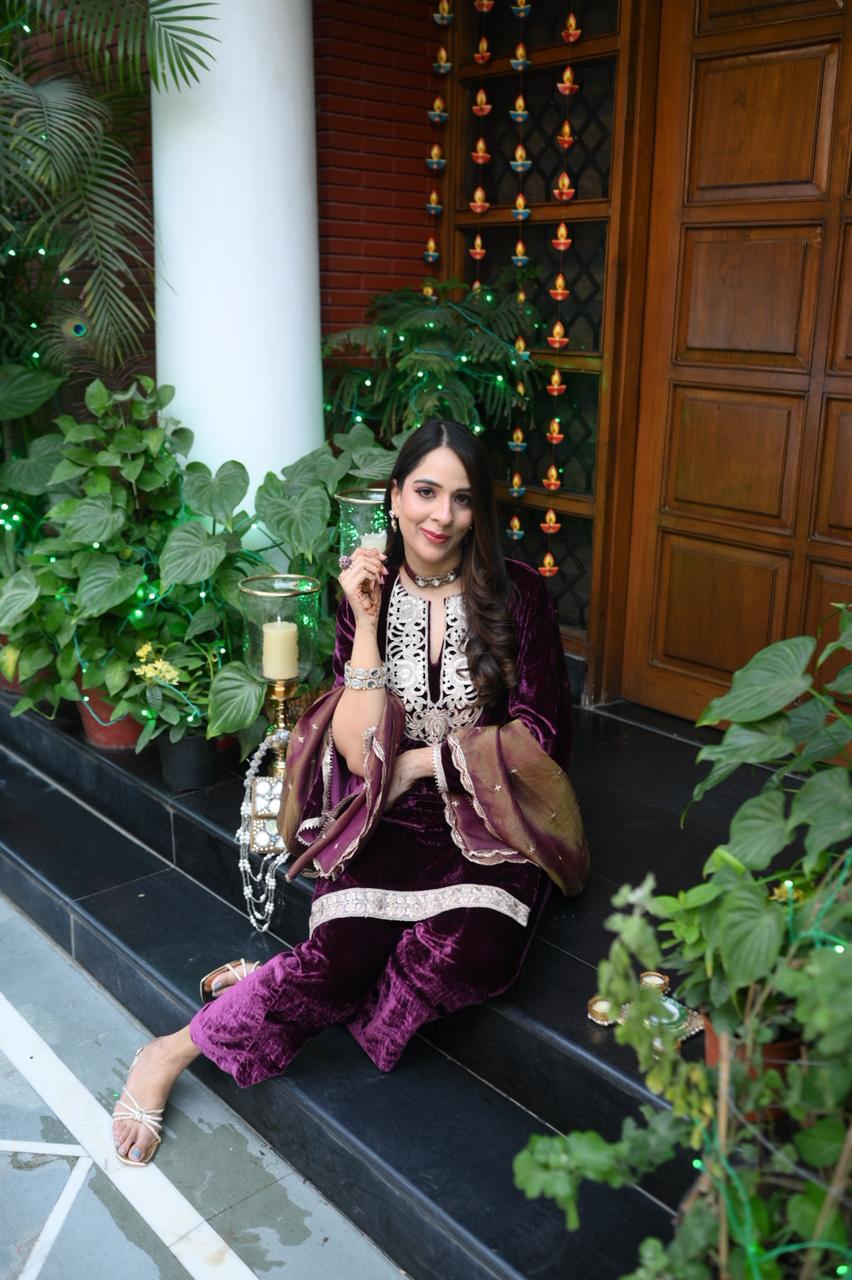 Wine Velvet Suit with Tissue Dupatta