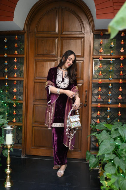 Wine Velvet Suit with Tissue Dupatta