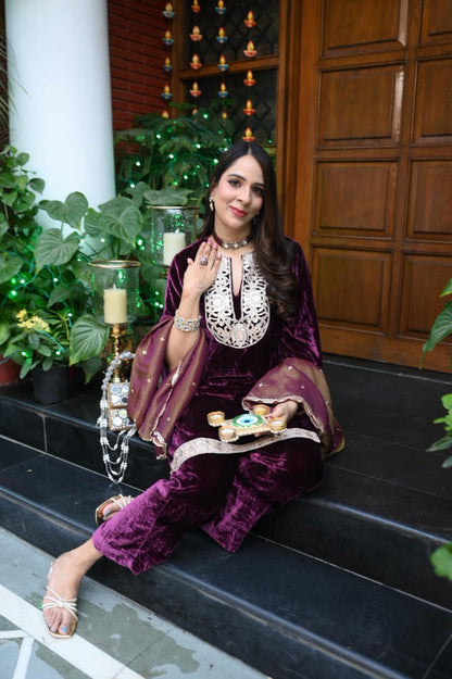 Wine Velvet Suit with Tissue Dupatta