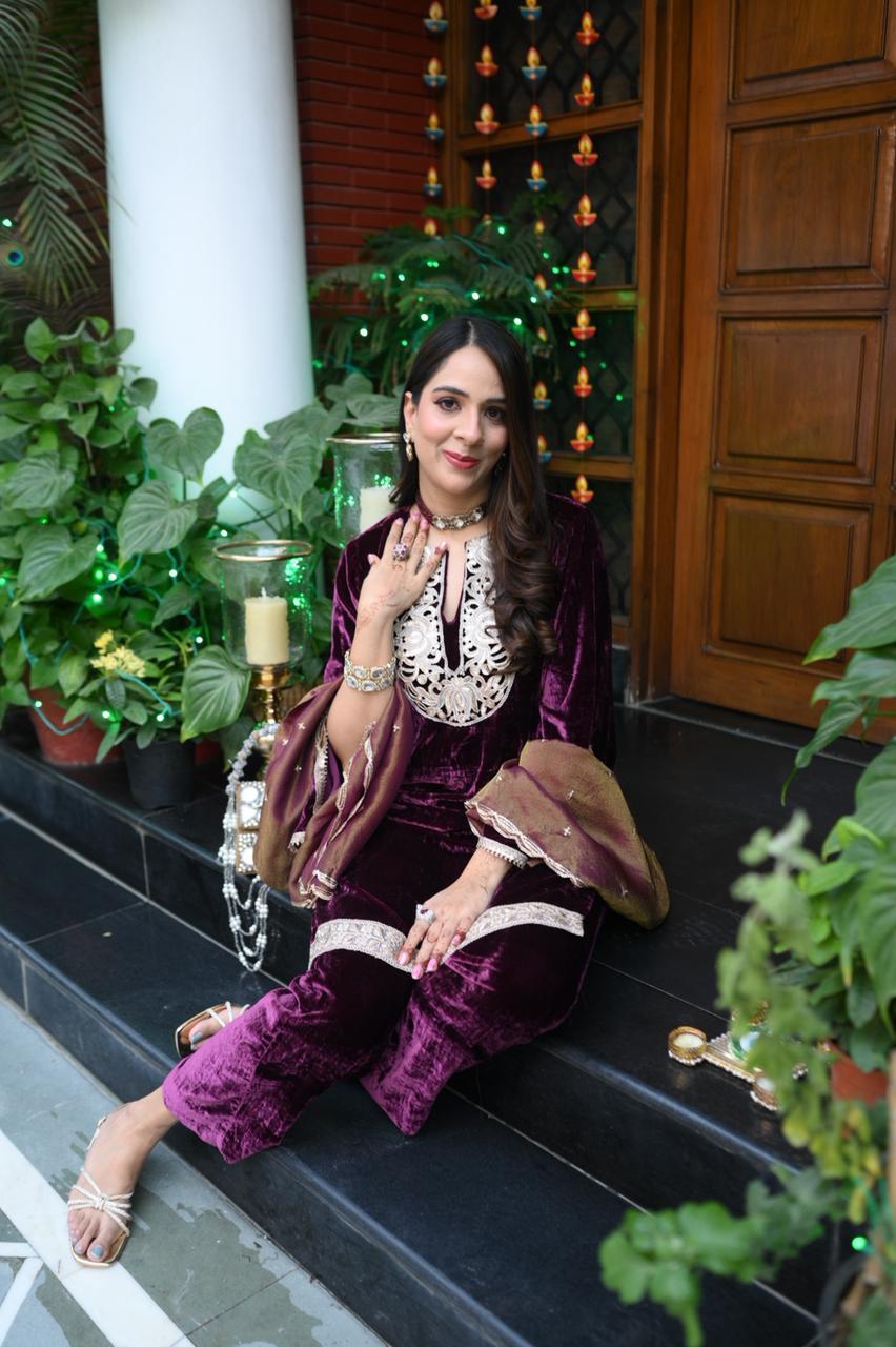 Wine Velvet Suit with Tissue Dupatta