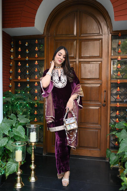 Wine Velvet Suit with Tissue Dupatta