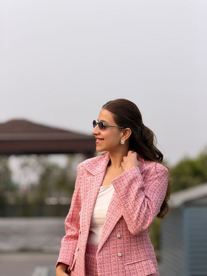 Pink Tweeted Fabric Blazer Set