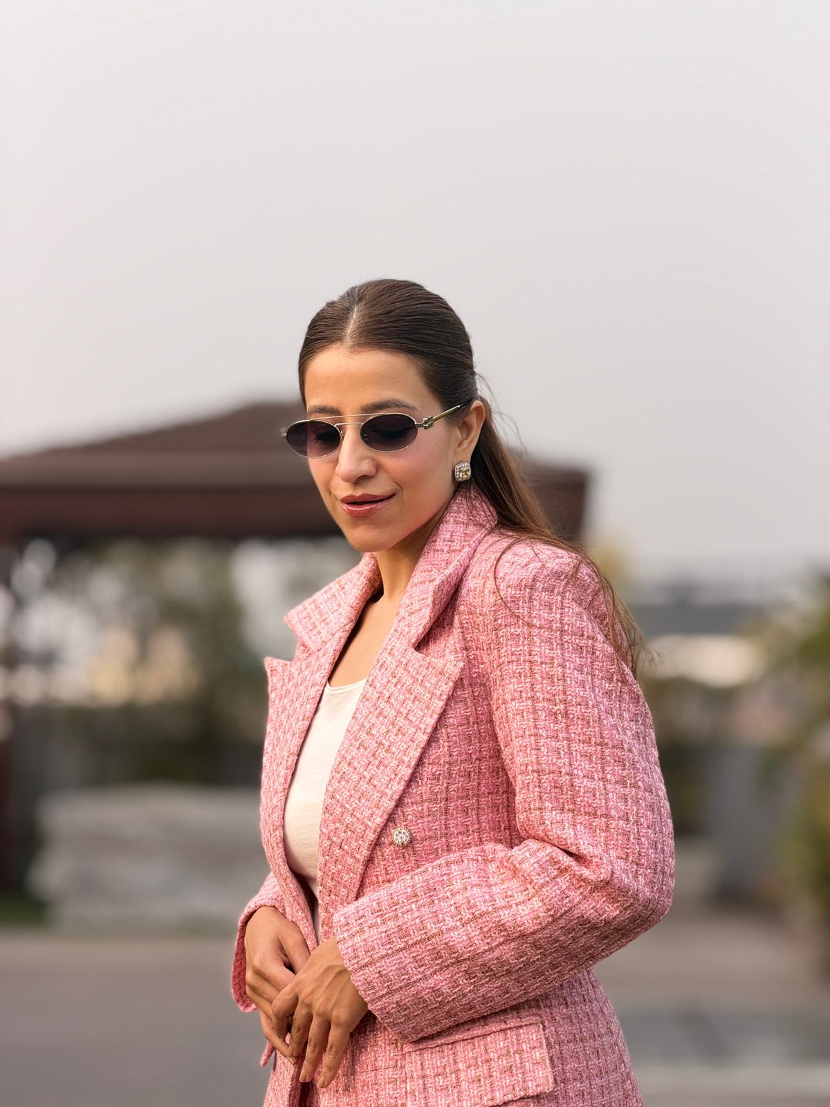 Pink Tweeted Fabric Blazer Set