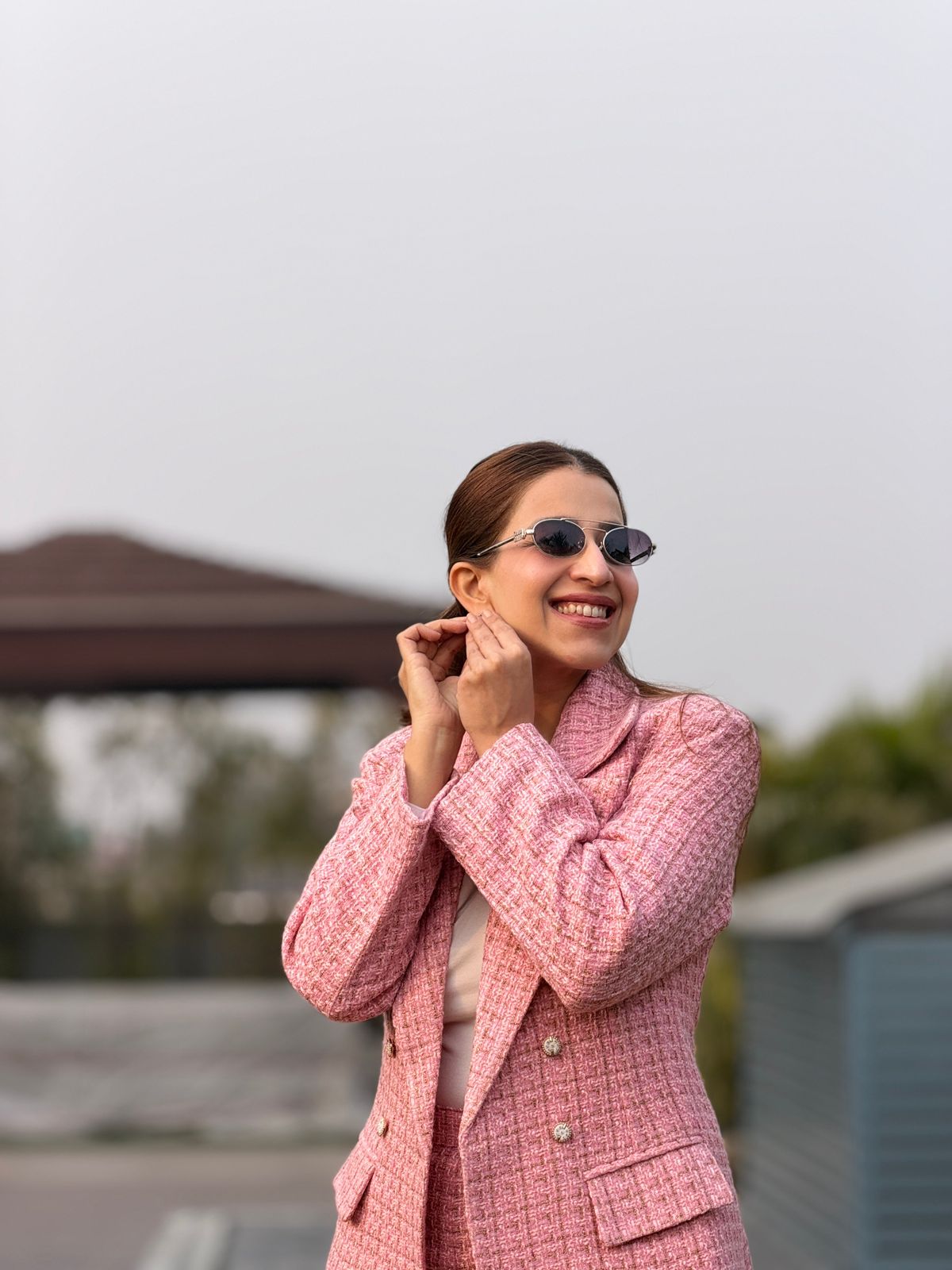 Pink Tweeted Fabric Blazer Set