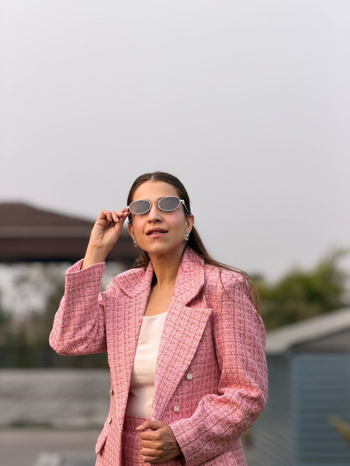Pink Tweeted Fabric Blazer Set